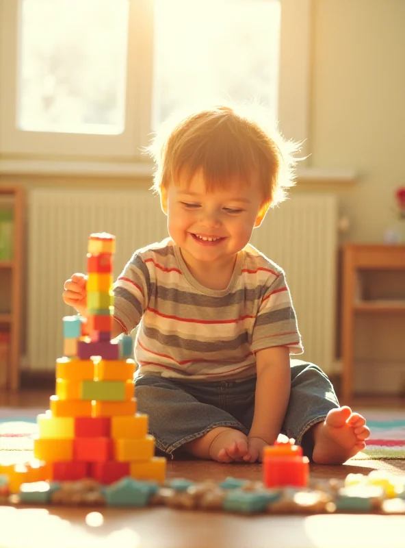 A young child with autism smiling and playing with building blocks. The child appears engaged and happy.