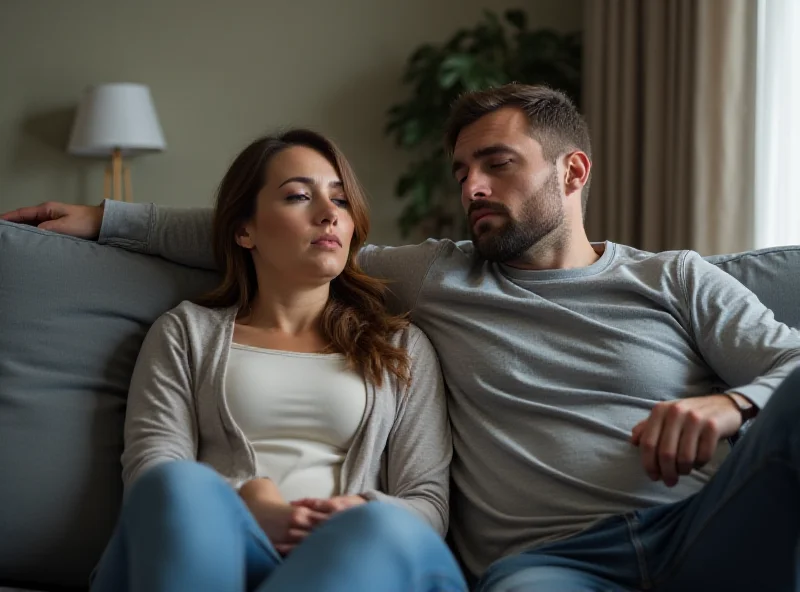 A couple sitting on a couch, looking at each other with concern. The woman looks tired, and the man looks frustrated.