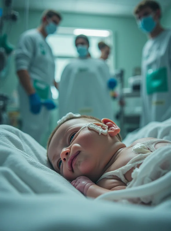 A seven-month-old baby lying in a hospital bed with medical equipment around.