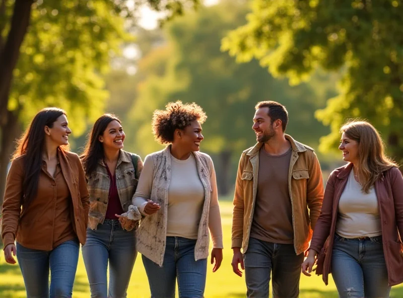 A diverse group of people walking together outside, symbolizing community health.