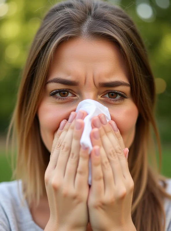 Close-up of a woman's face, looking distressed and holding a tissue to her nose, implying hay fever symptoms.