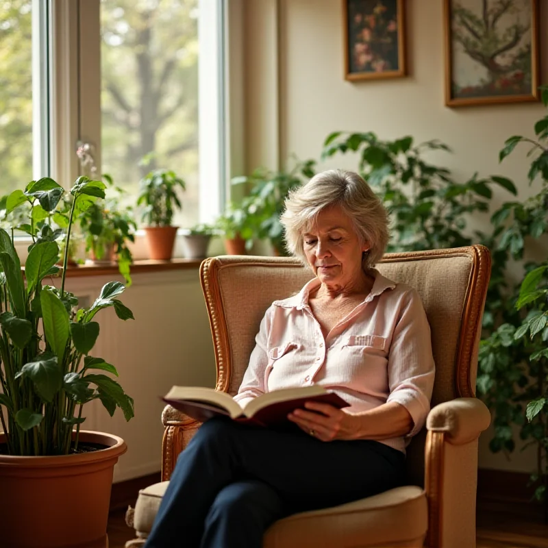 Older woman reading a book in a sunlit room, suggesting cognitive stimulation and a healthy lifestyle.