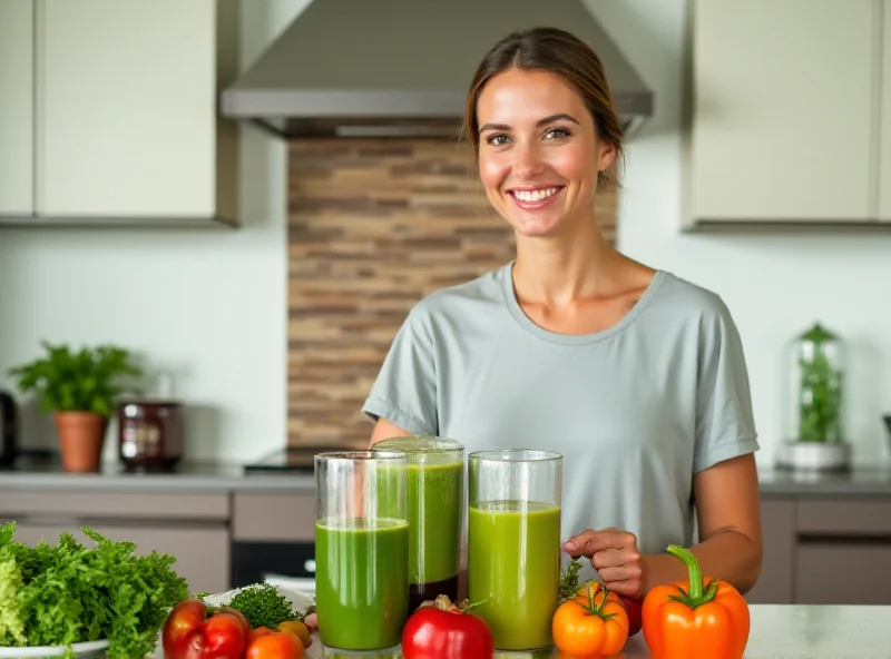 Woman preparing a healthy smoothie in her kitchen.