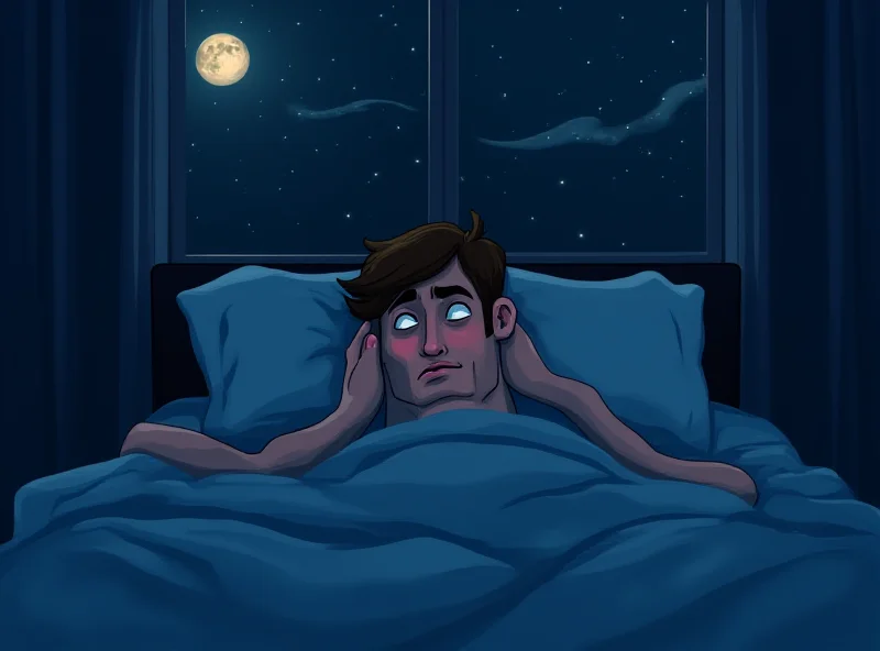 Illustration of a person tossing and turning in bed at night, looking stressed and unable to sleep.