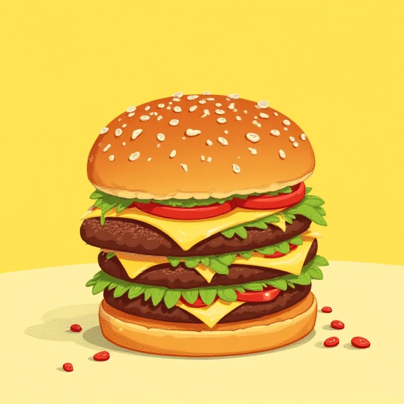 A comical illustration of a giant burger towering over a person, about to be eaten. The person looks overwhelmed and slightly worried.