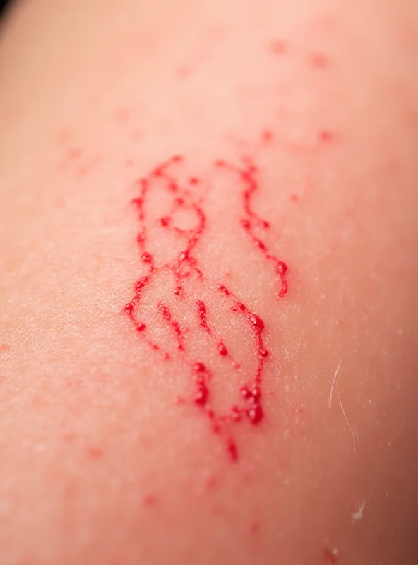 Close-up of red lines on skin caused by cutaneous larva migrans.