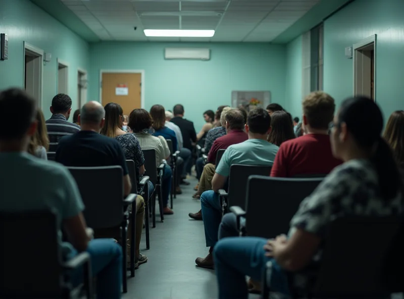 A crowded waiting room in a hospital or clinic.