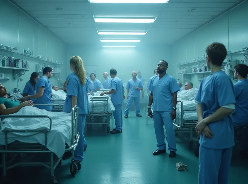 A crowded emergency room with doctors and nurses attending patients.