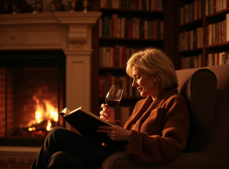 Woman enjoying a glass of wine while reading a book in a cozy setting.