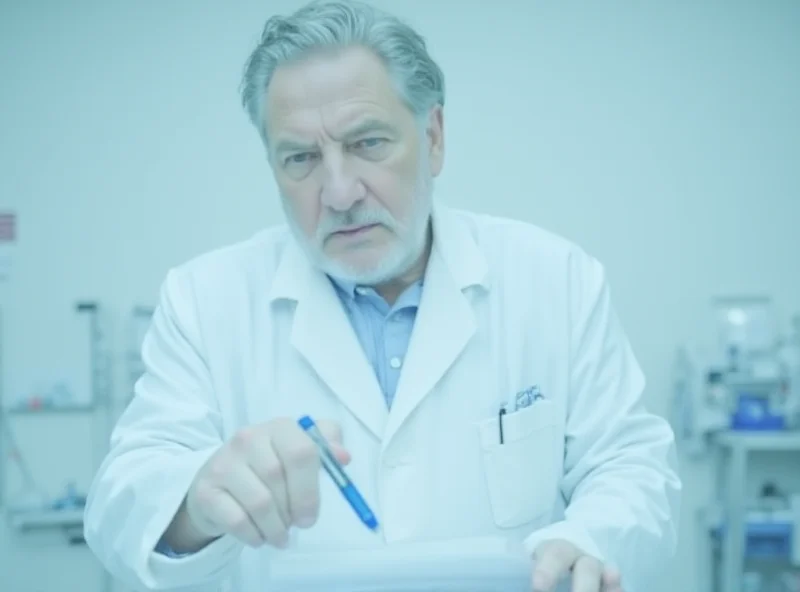 A concerned doctor in a white coat, looking at a medical chart with a worried expression.