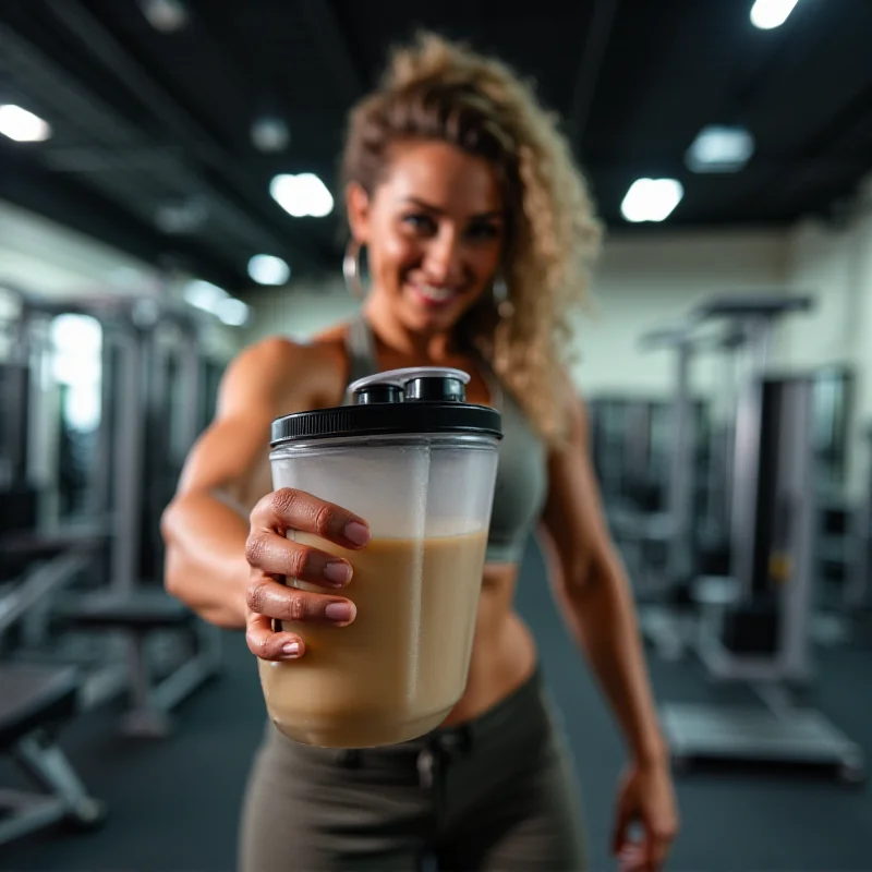 A person holding a shaker with whey protein powder in a gym setting.