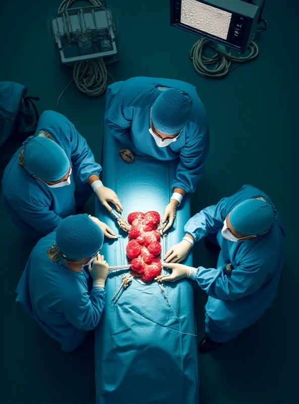 Doctors performing a liver transplant in an operating room.