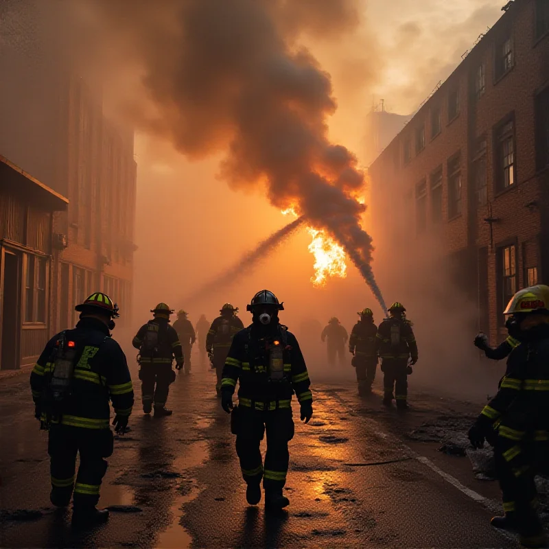 Firefighters battling a blaze without masks.