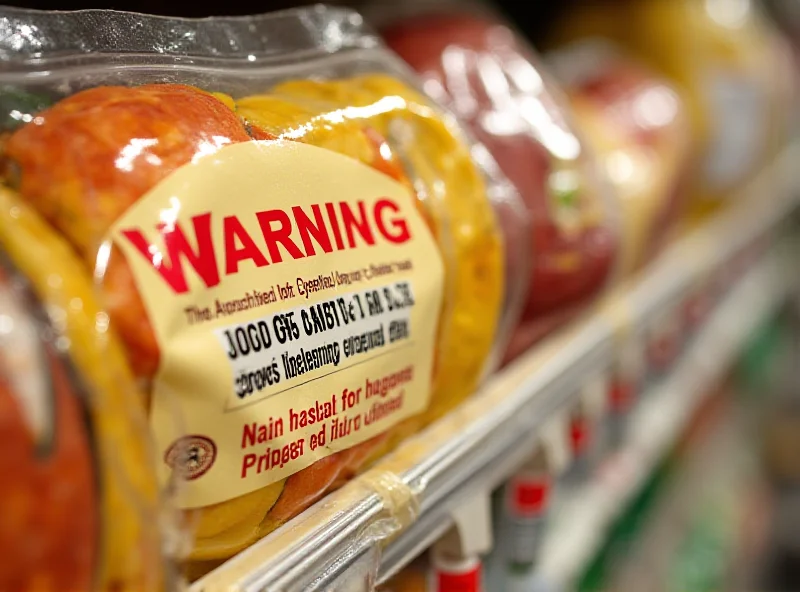 Close-up of a food package with a prominent warning label indicating high levels of sugar, salt and fat. The background is blurred, focusing attention on the label.