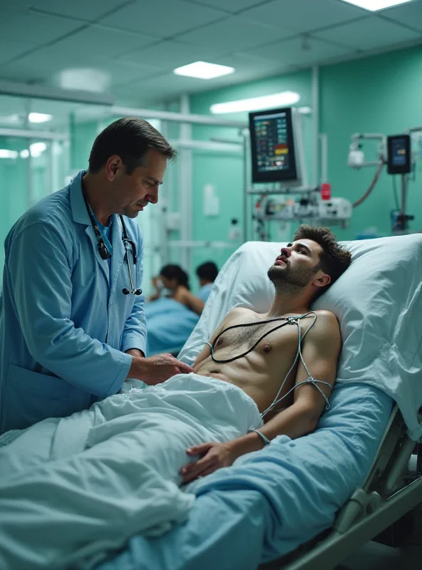 A doctor examining a patient suffering from heatstroke in a hospital. The patient is lying on a bed, and the doctor is checking their vital signs. The scene conveys a sense of urgency and medical care.