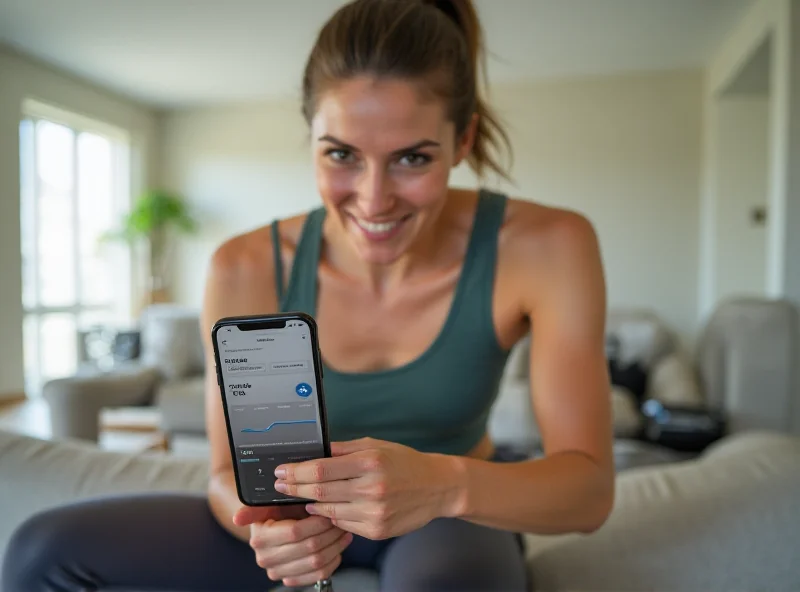 A person exercising at home while looking at a smartphone displaying a fitness app.