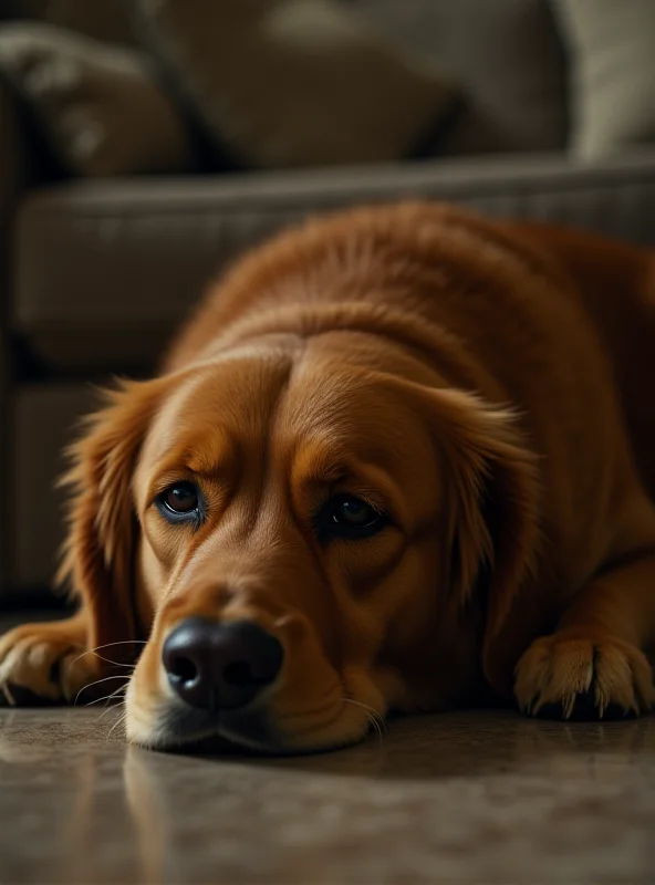 A sad-looking golden retriever lying on the floor with its tail tucked between its legs.