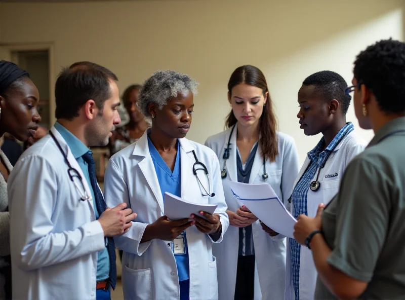 Image of medical professionals in South Africa discussing HIV treatment options, with patients waiting in the background.
