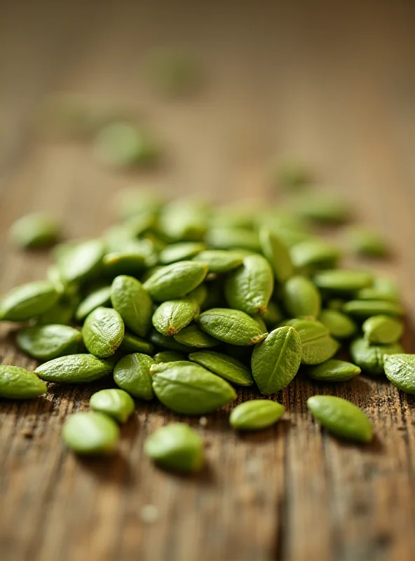 Close-up image of pumpkin seeds scattered on a wooden surface.