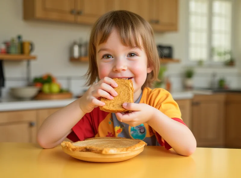 A young child happily eating a peanut butter sandwich.