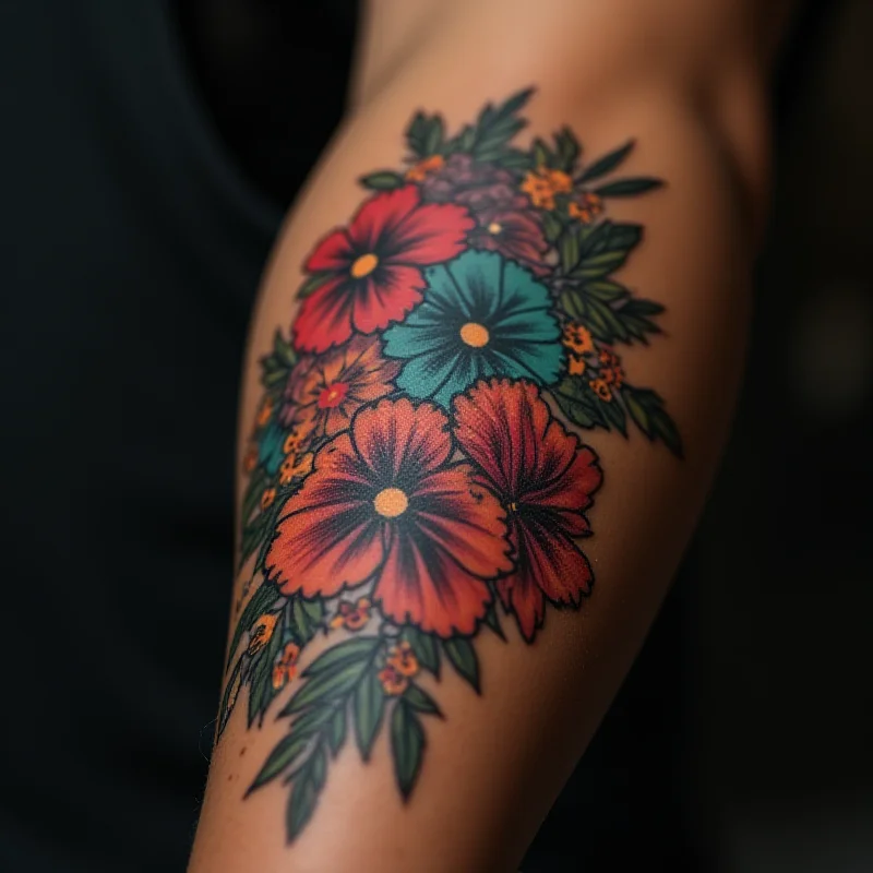 Close up of a colorful tattoo on a person's arm.