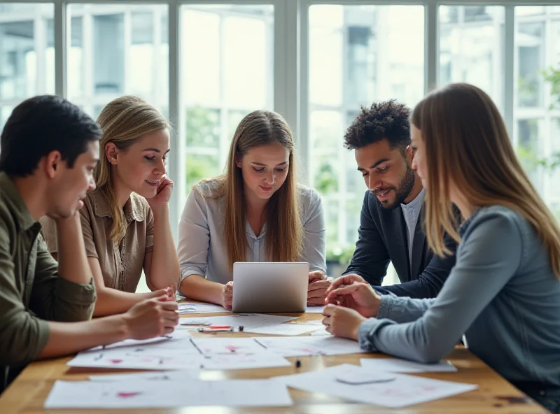 A diverse group of people in a modern office, collaborating on a project with tablets and laptops, representing a health tech company.