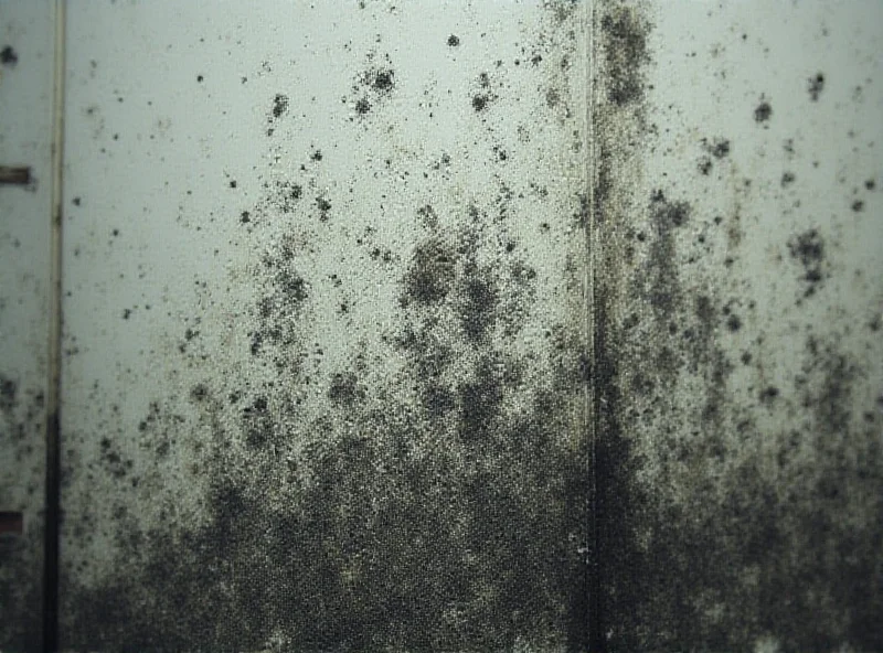 A photo of black mold growing on a wall in a poorly lit room.