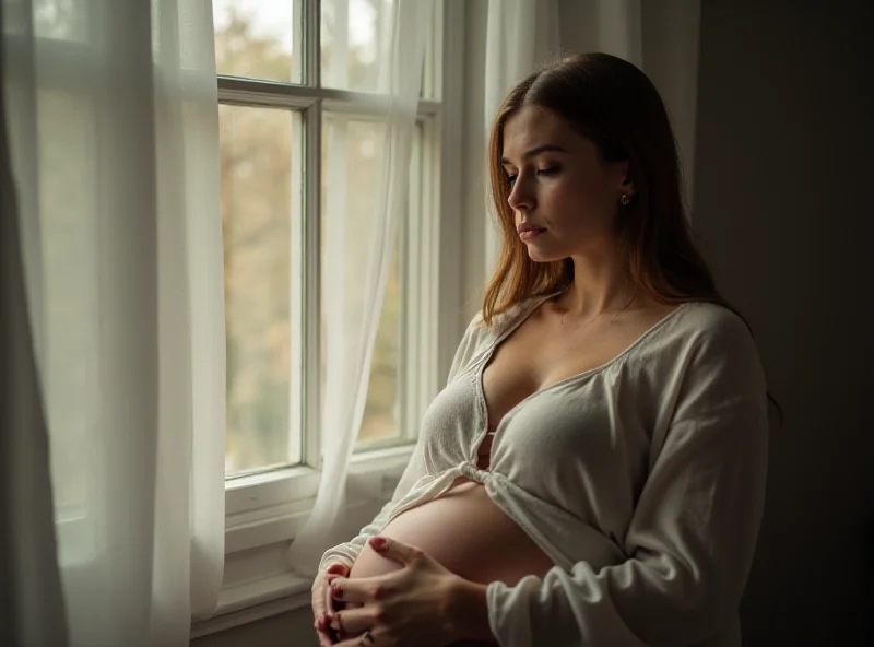 Pregnant woman looking thoughtfully out a window, representing postpartum depression.