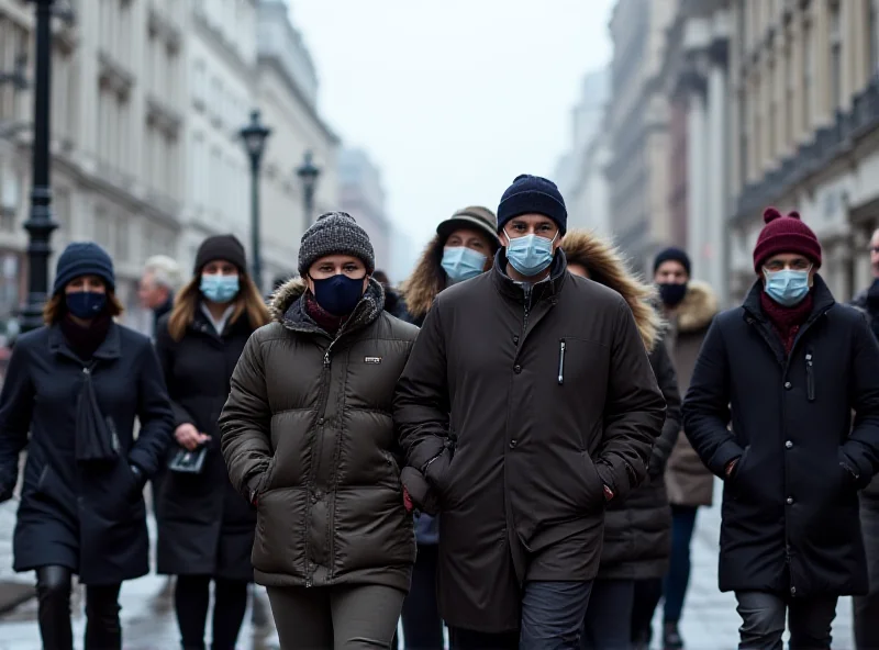 People bundled up in winter clothing walking down a snowy street, some wearing face masks.