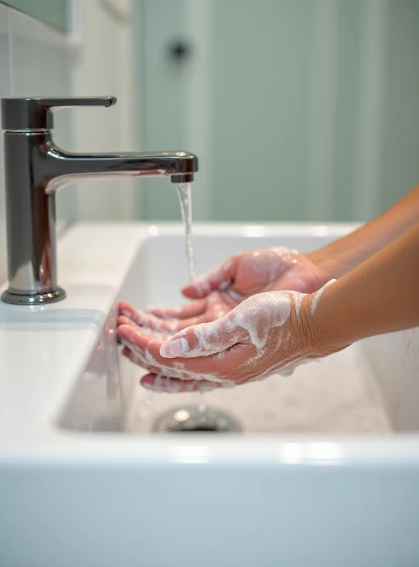 Close up of a hand washing with soap under running water in a bathroom sink.