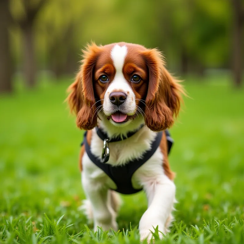 A Cavalier King Charles Spaniel wearing a harness and looking directly at the camera.