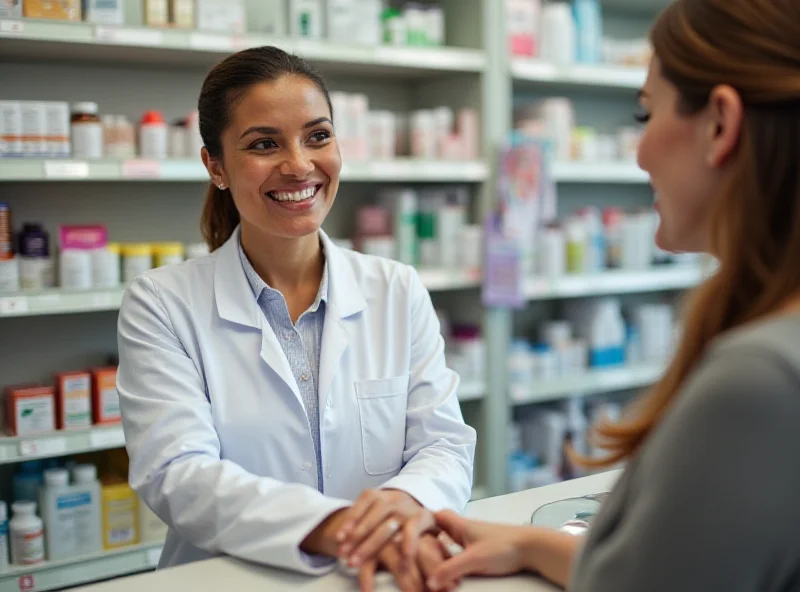 A friendly pharmacist assisting a customer at the counter of a Boots pharmacy.