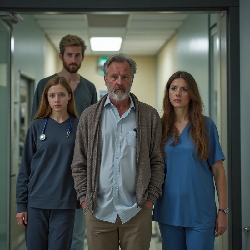 A concerned looking family standing in front of a hospital.