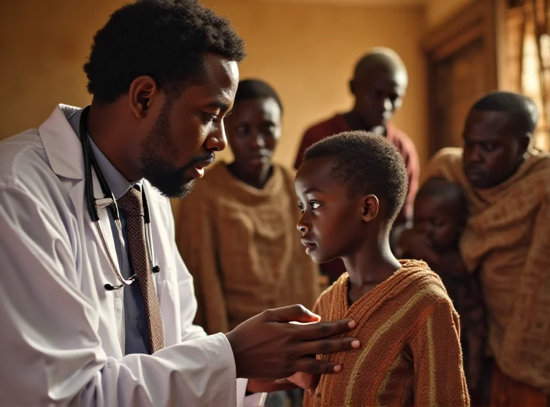 A concerned African doctor examining a young child in a rural clinic, with concerned villagers in the background.