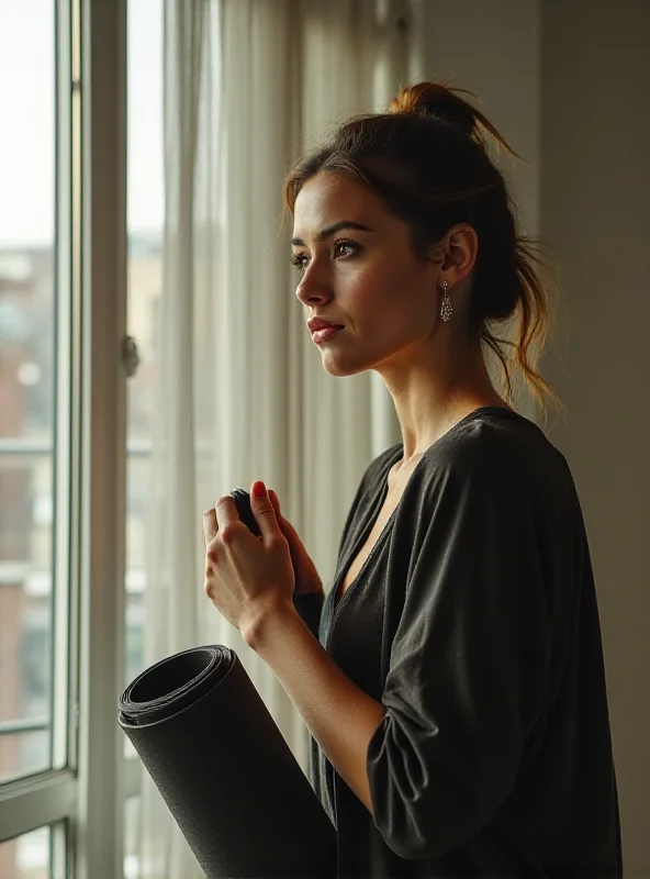 A young woman, Saskia Clark, looking thoughtfully out a window, holding a yoga mat.