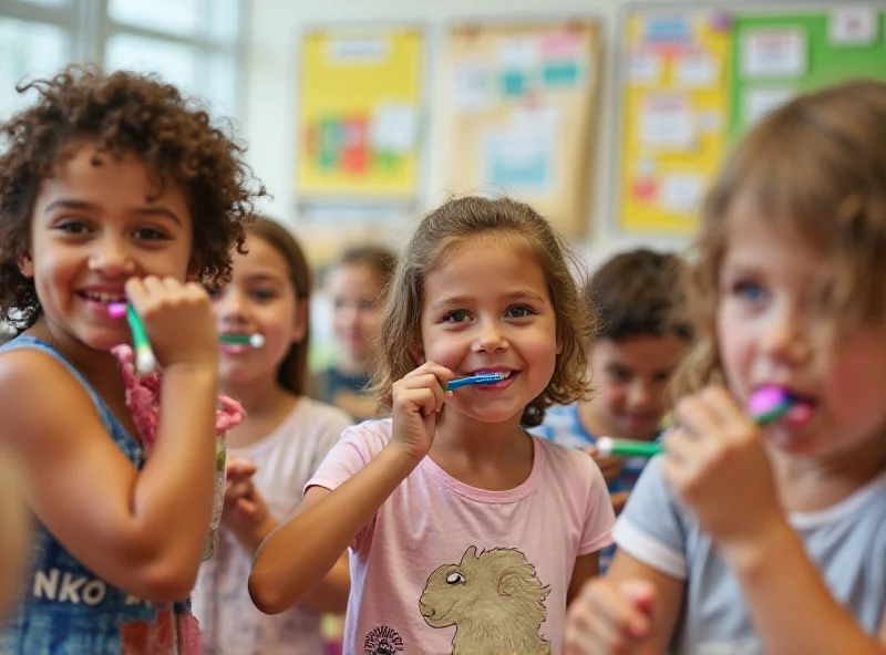 A group of young children in a classroom setting, happily brushing their teeth under the supervision of a teacher.