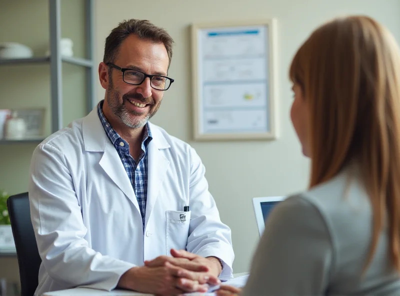 A doctor smiling and talking with a patient in a well-lit examination room. The scene is warm and inviting, suggesting a positive and trusting doctor-patient relationship.