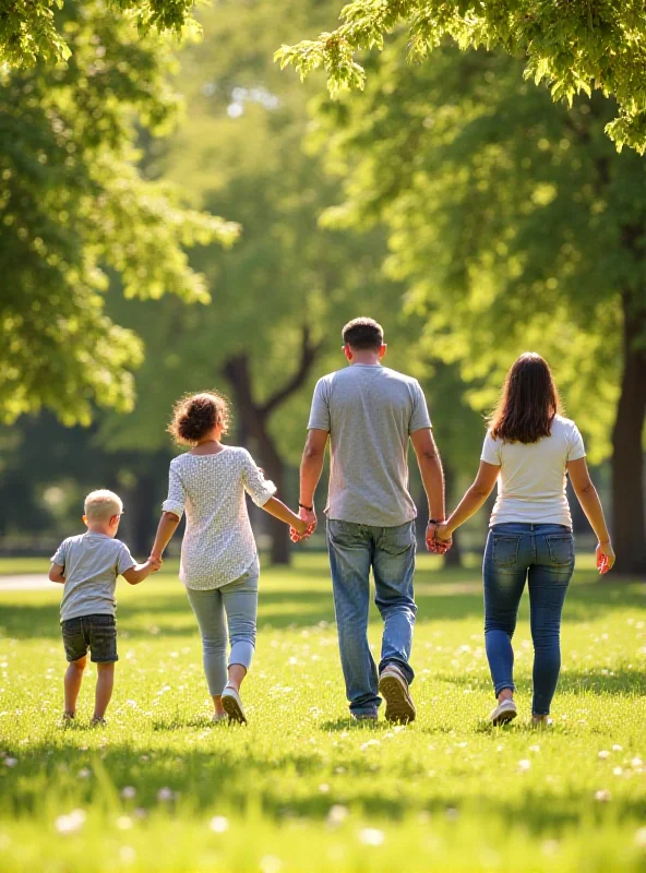 A family walks together in a park, representing the bond and potential health risks associated with consanguineous marriages.