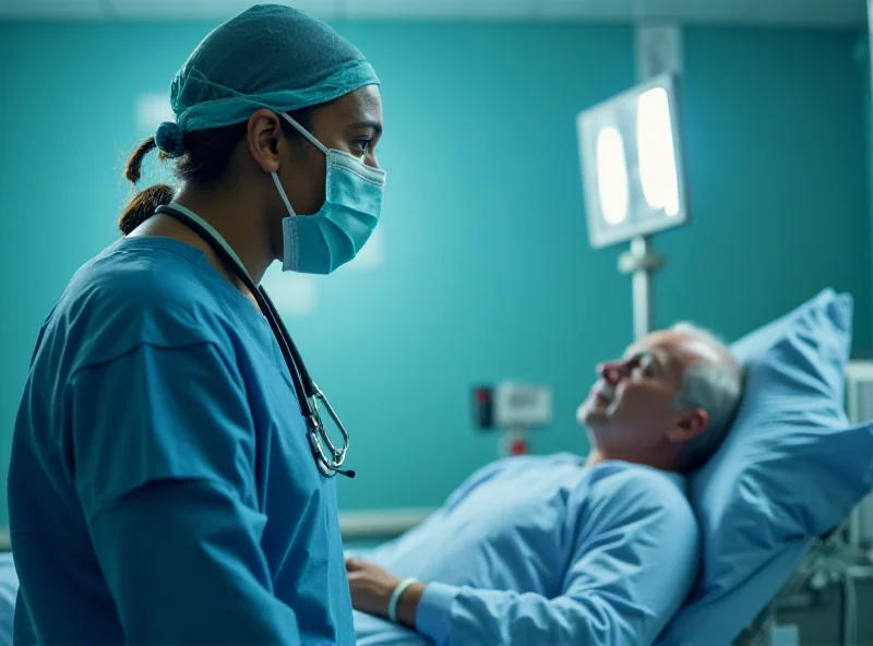 A doctor looks concerned while speaking with a patient in a hospital room.