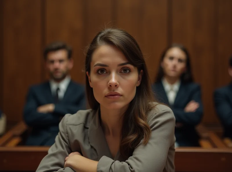 A young woman sitting in a courtroom, looking determined.