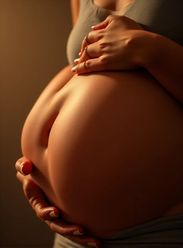 Close-up shot of a pregnant woman's belly, softly lit, with hands gently resting on it, symbolizing hope and new life.