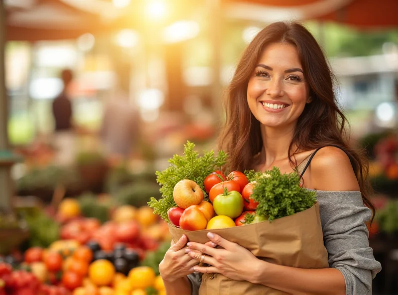 A woman holding various colorful, fresh fruits and vegetables in a reusable shopping bag at an outdoor market, bathed in sunlight.