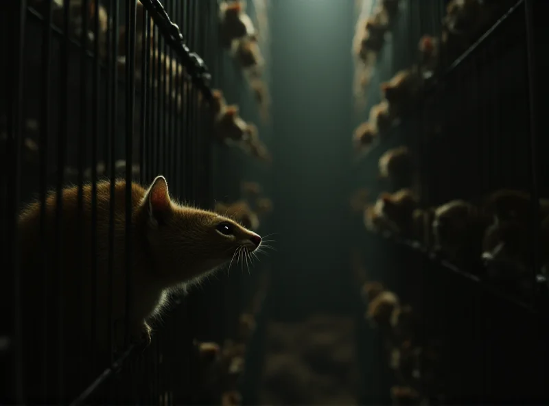 A somber-looking mink peers out from behind wire mesh in a fur farm. The background is blurred and shows other cramped cages.