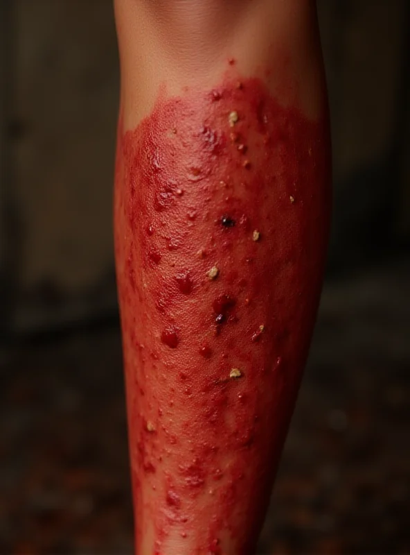 Close-up of a severely burnt leg, showing blisters and damaged skin. The surrounding area is red and inflamed.