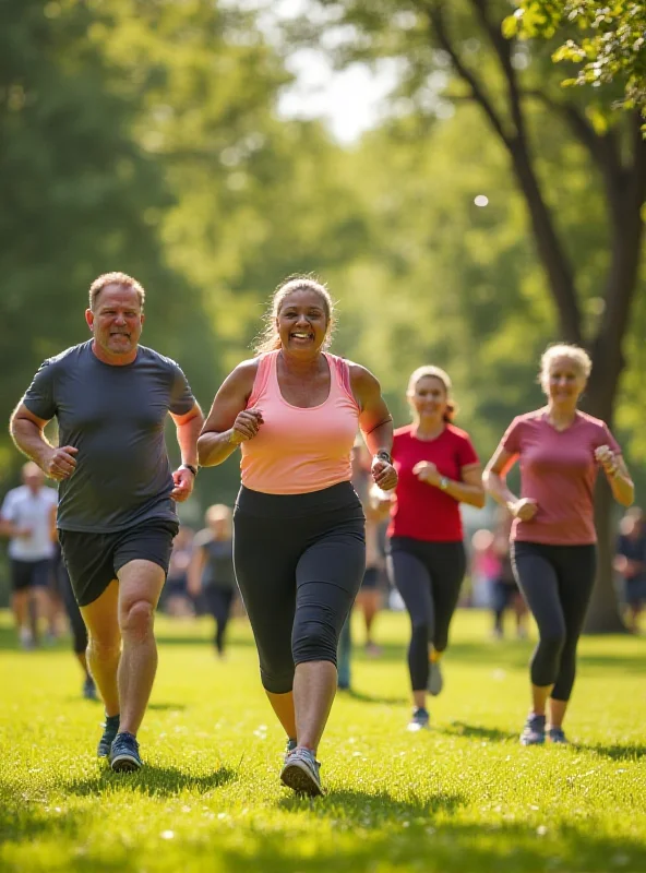 A diverse group of people exercising outdoors in a park setting