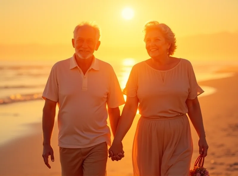 A senior couple smiling and holding hands while walking along a beach at sunset