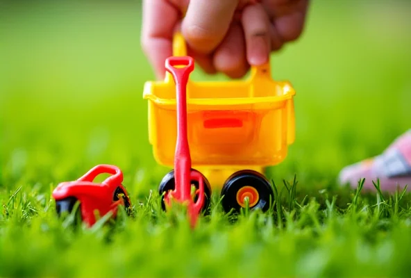 A close-up shot of a child's hands holding a brightly colored toy wheelbarrow, with gardening tools scattered around it.