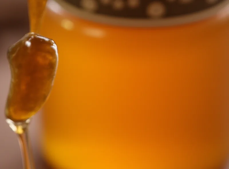 Close-up of golden honey dripping from a spoon