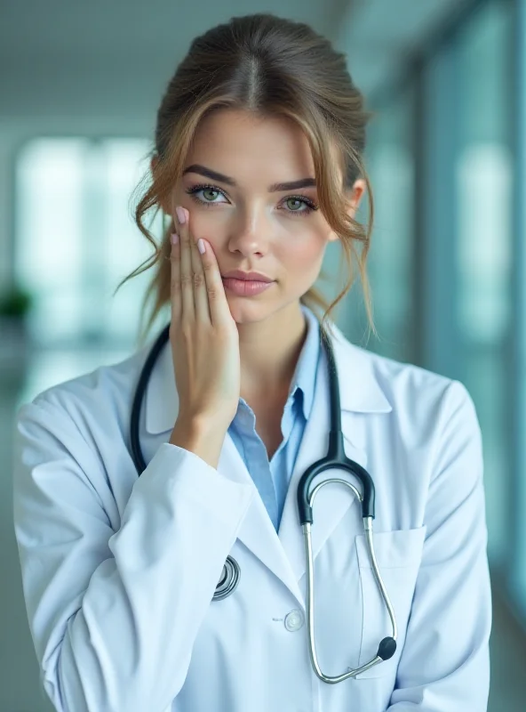 A doctor wearing a stethoscope and a concerned expression