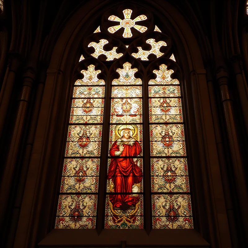 A stained glass window depicting a religious figure